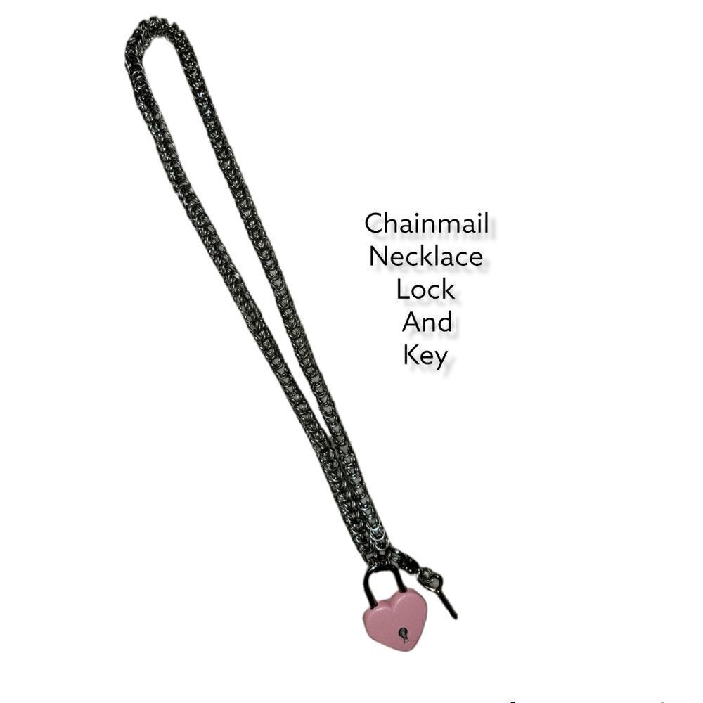 Pink Heart Lock and Key Chainmail Necklace ( NC34)